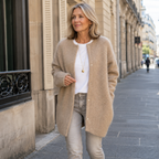 Women's long button-front cardigan with round neckline and long sleeves