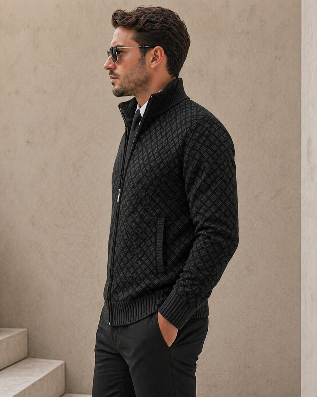 Men's diamond jacquard knit cardigan with stand collar and zip front