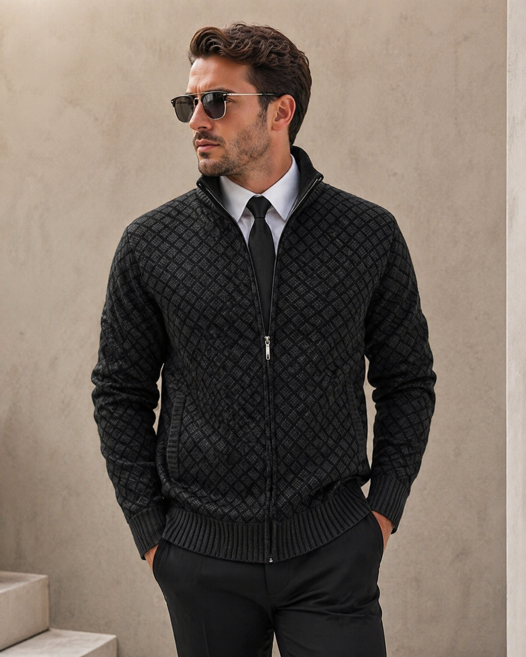 Men's diamond jacquard knit cardigan with stand collar and zip front