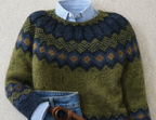 Green Nordic pattern knit jumper with crew neck and long sleeves