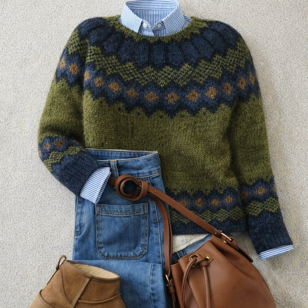 Green Nordic pattern knit jumper with crew neck and long sleeves