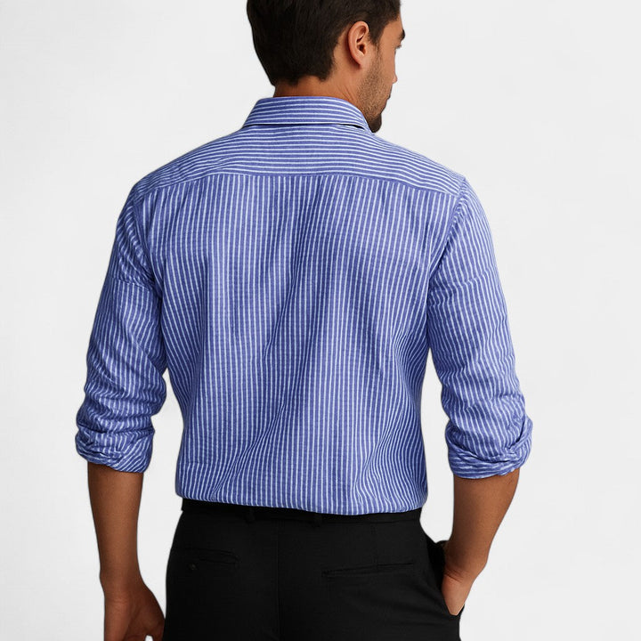 Men's striped button-up shirt with point collar and rolled sleeves