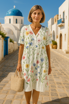 Women's floral V-neck shift dress with short sleeves and knee-length hem