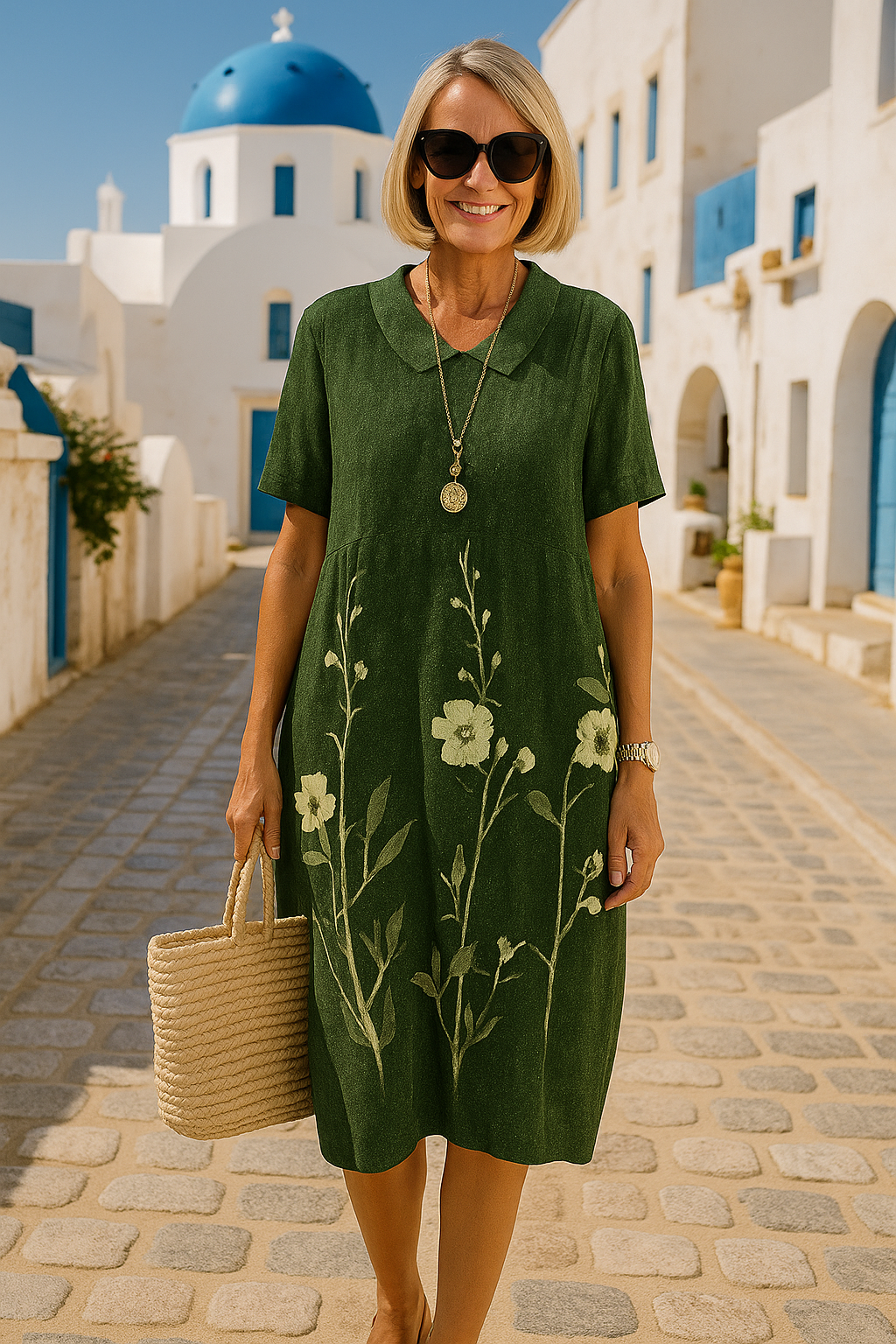 Women's floral V-neck shift dress with short sleeves and knee-length hem