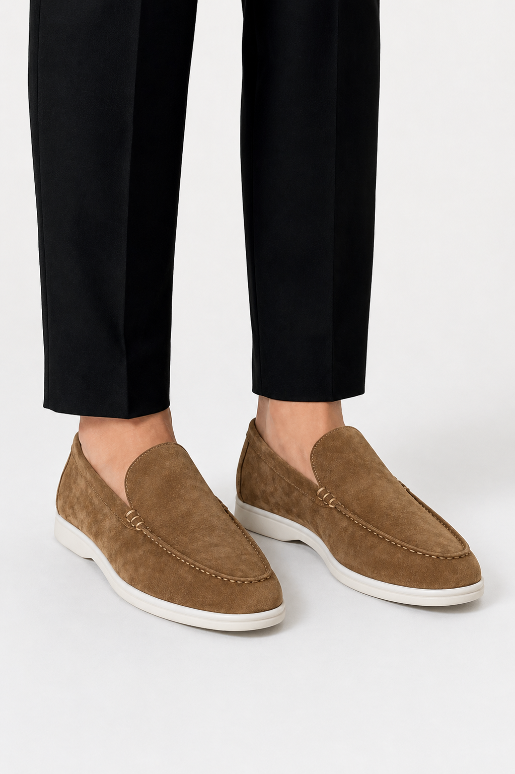 Men's slip-on loafers with moc toe stitching and low white soles