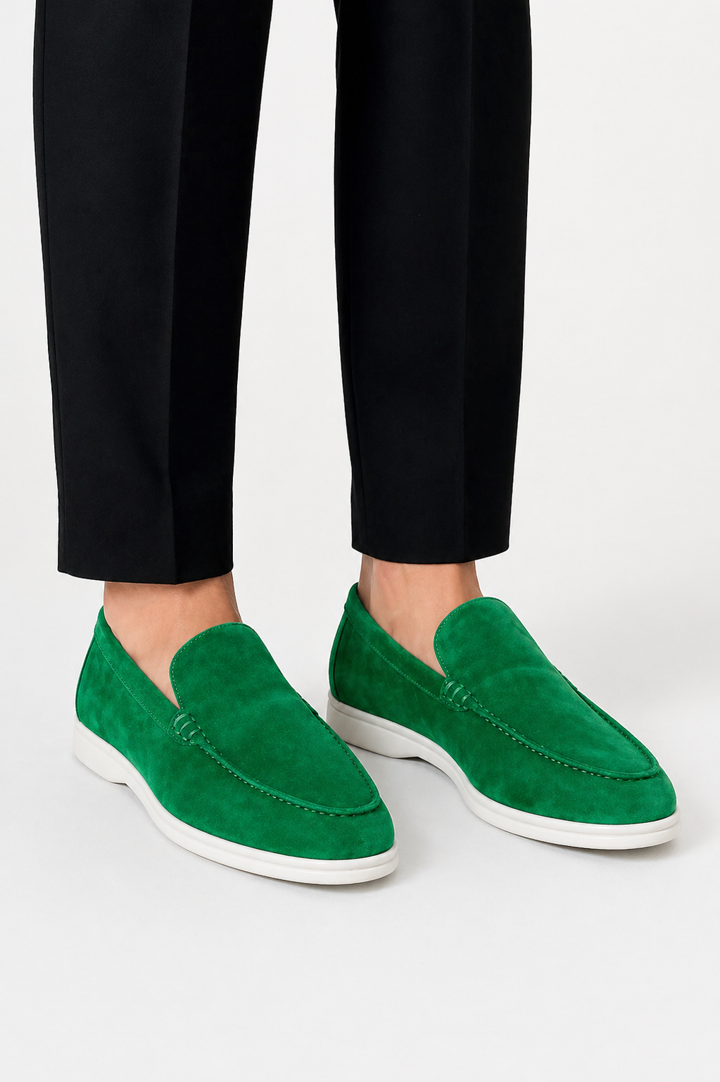 Men's slip-on loafers with moc toe stitching and low white soles