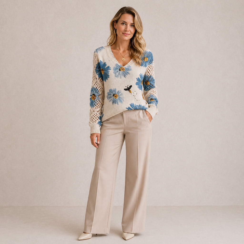Women's floral V-neck sweater with long sleeves and open-knit sleeve panels