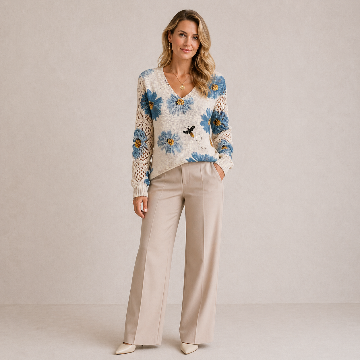 Women's floral V-neck sweater with long sleeves and open-knit sleeve panels