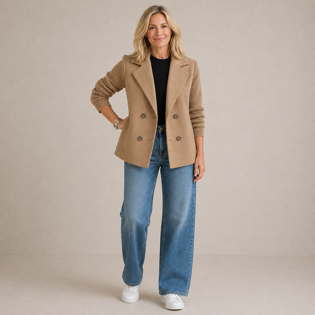 Women's button-front knit blazer with notched lapels and long ribbed sleeves