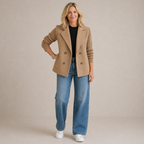 Women's button-front knit blazer with notched lapels and long ribbed sleeves