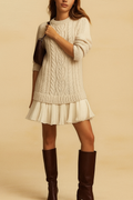 Women's cable knit mini dress with long sleeves and pleated lower skirt