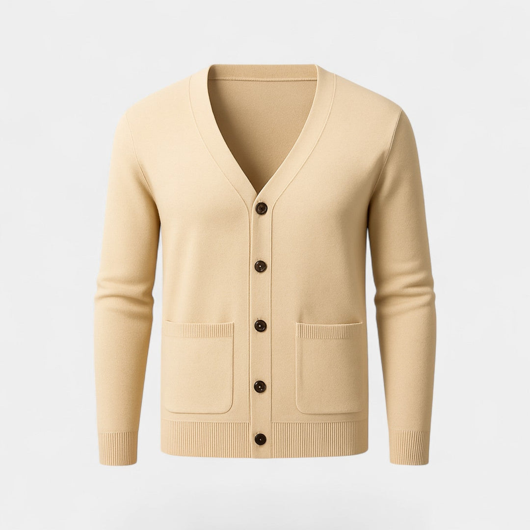 Men's long-sleeve V-neck cardigan with button front and patch pockets