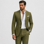 Man wearing a slim fit textured suit with notch lapel blazer