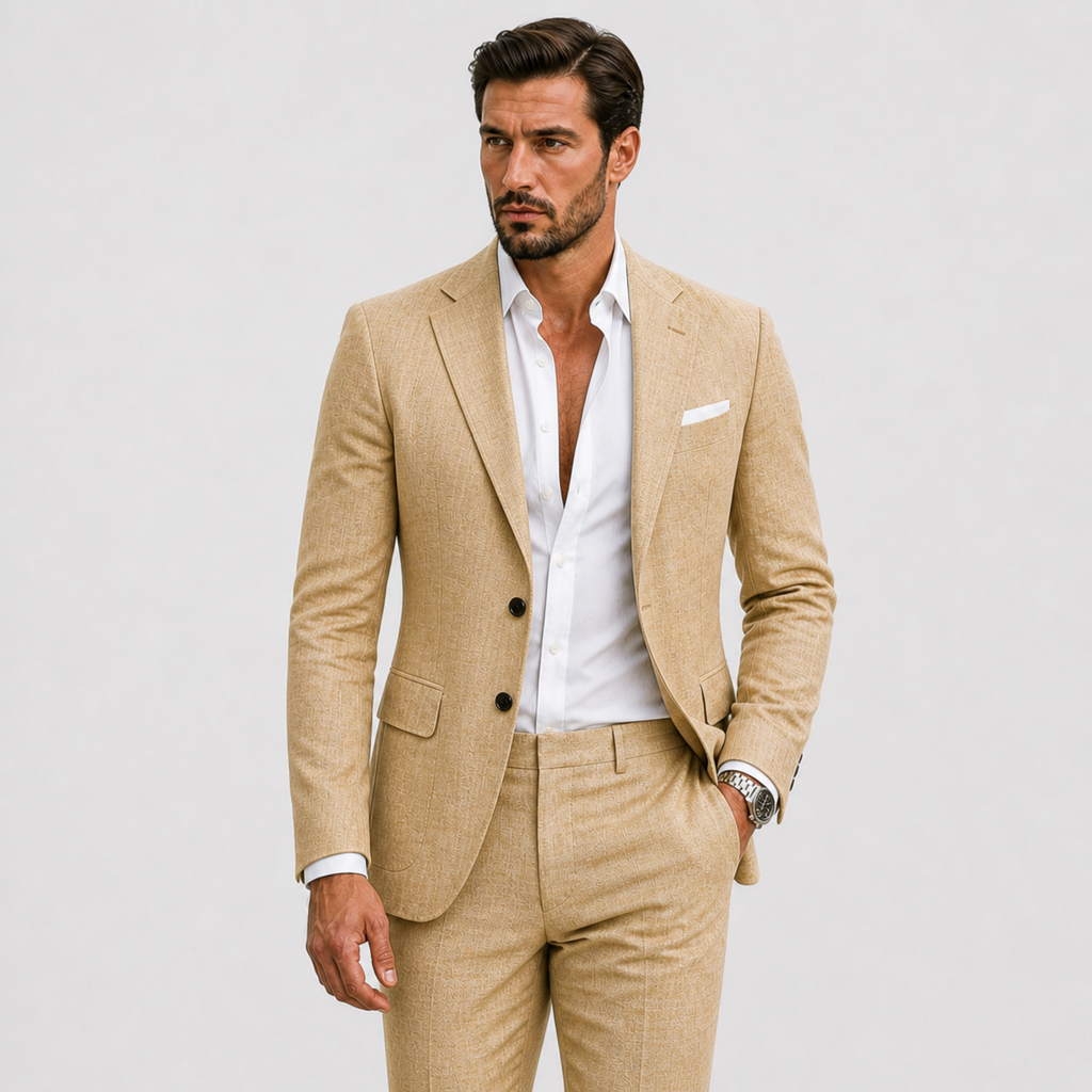 Man wearing a slim fit textured suit with notch lapel blazer