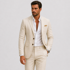 Man wearing a slim fit textured suit with notch lapel blazer
