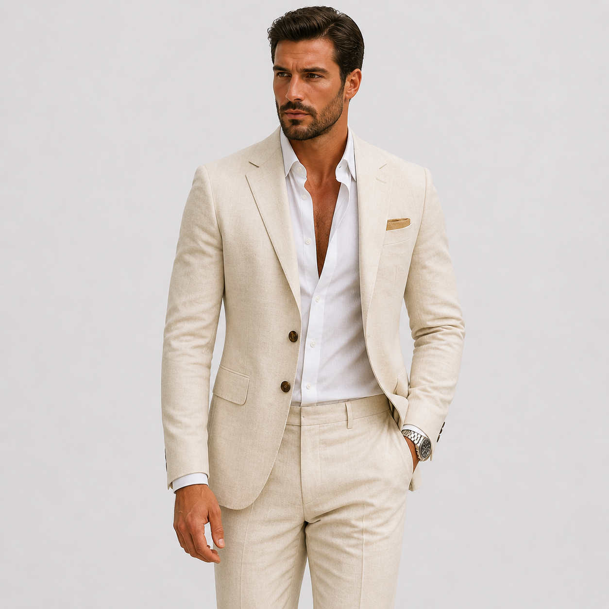 Man wearing a slim fit textured suit with notch lapel blazer