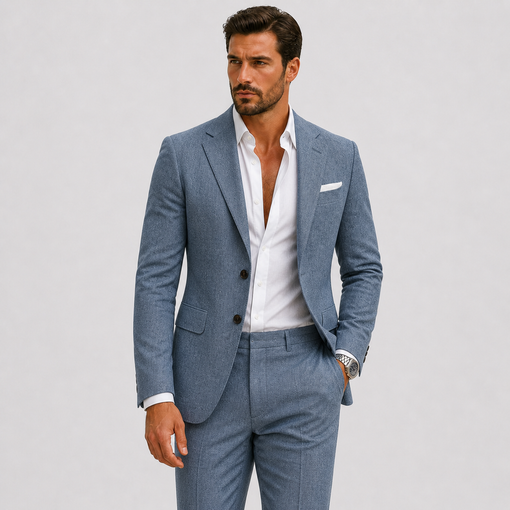 Man wearing a slim fit textured suit with notch lapel blazer