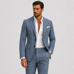 Man wearing a slim fit textured suit with notch lapel blazer