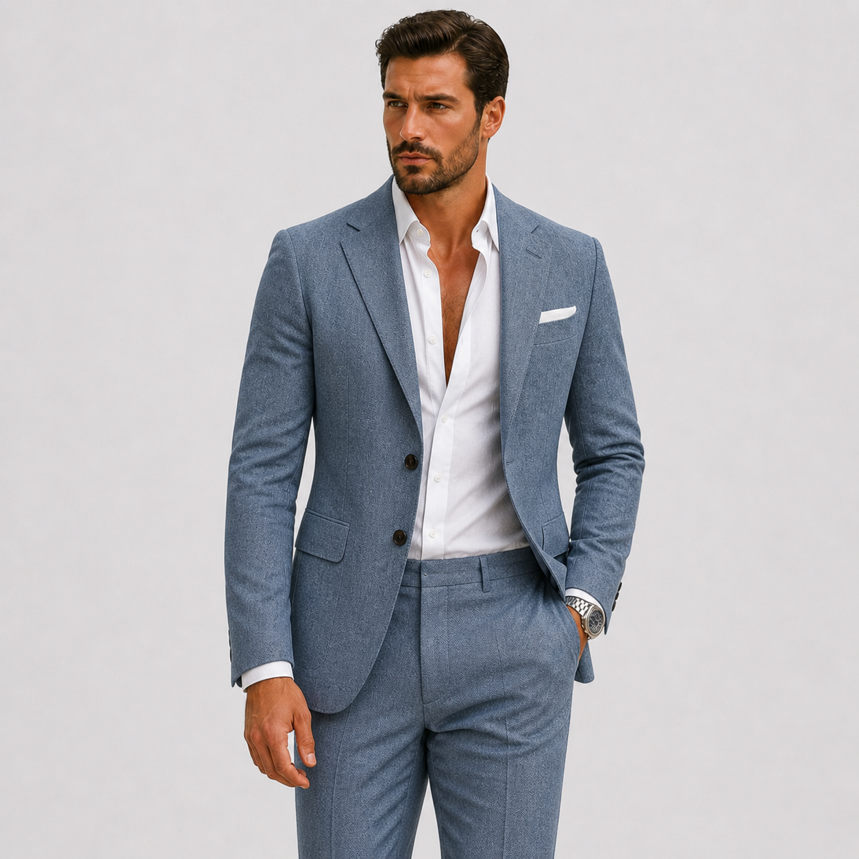 Man wearing a slim fit textured suit with notch lapel blazer