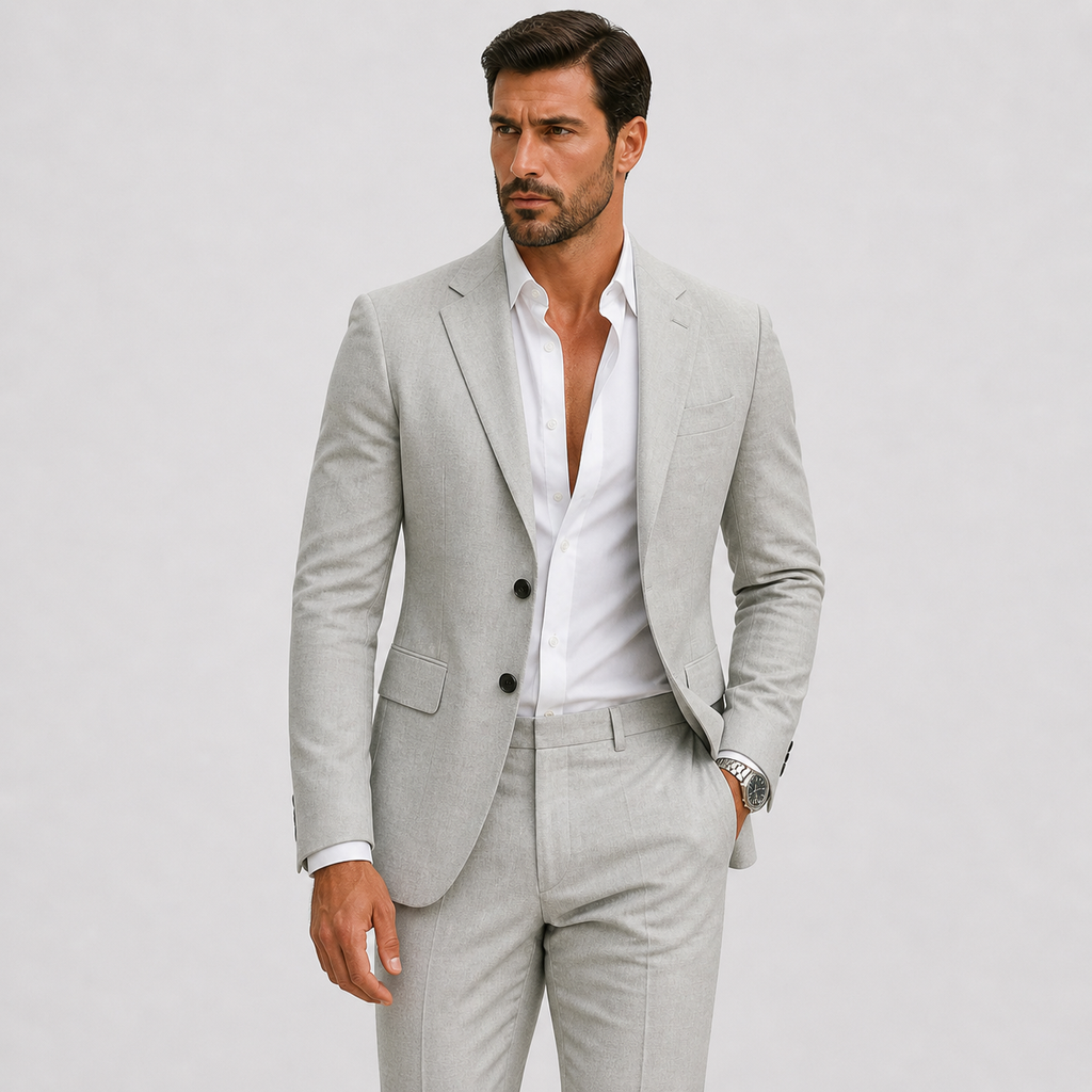 Man wearing a slim fit textured suit with notch lapel blazer