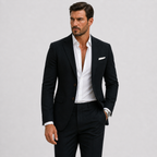 Man wearing a slim fit textured suit with notch lapel blazer