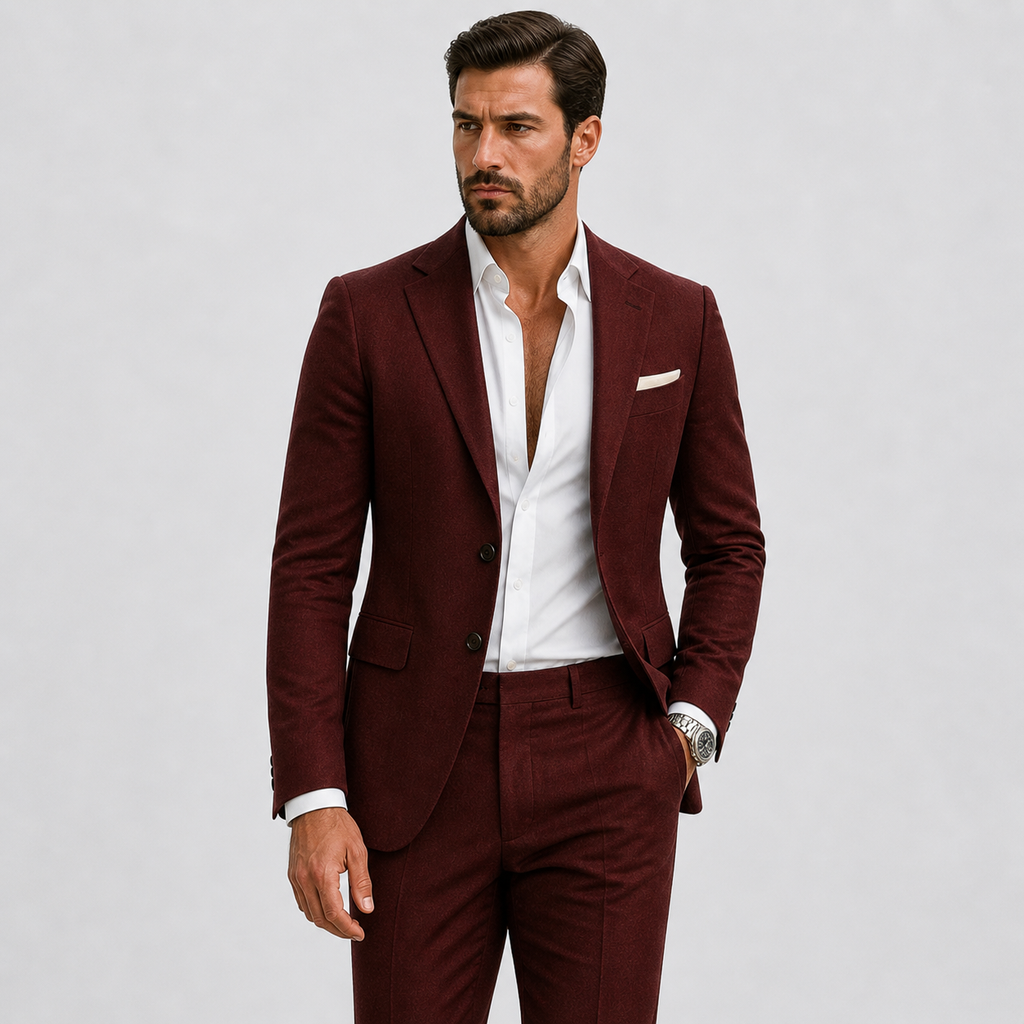 Man wearing a slim fit textured suit with notch lapel blazer