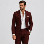 Man wearing a slim fit textured suit with notch lapel blazer