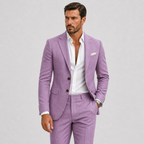 Man wearing a slim fit textured suit with notch lapel blazer