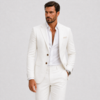 Man wearing a slim fit textured suit with notch lapel blazer