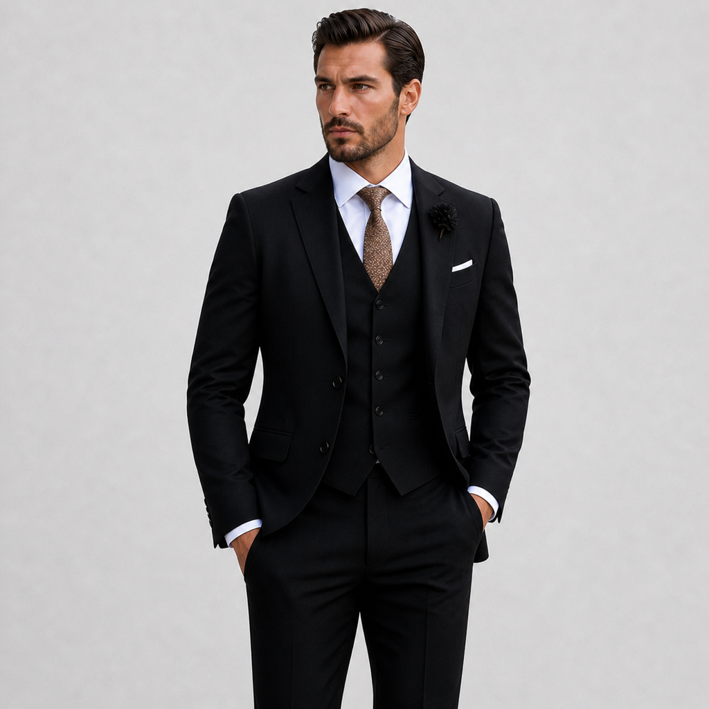 Men's three-piece suit with notch lapels, waistcoat, long sleeves and matching trousers