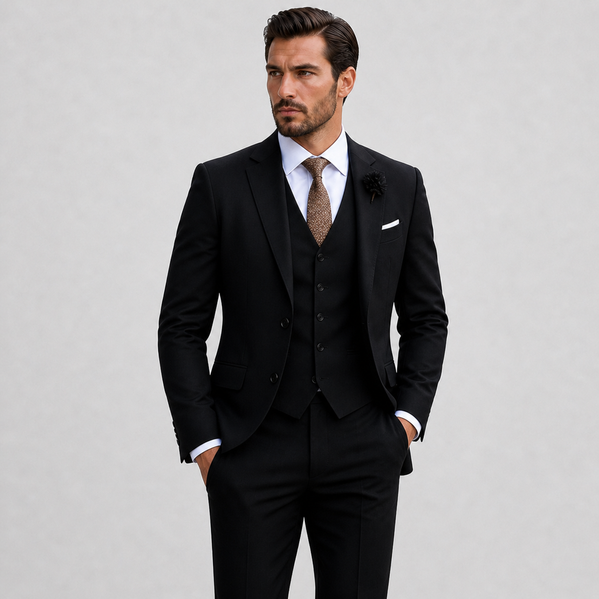 Men's three-piece suit with notch lapels, waistcoat, long sleeves and matching trousers
