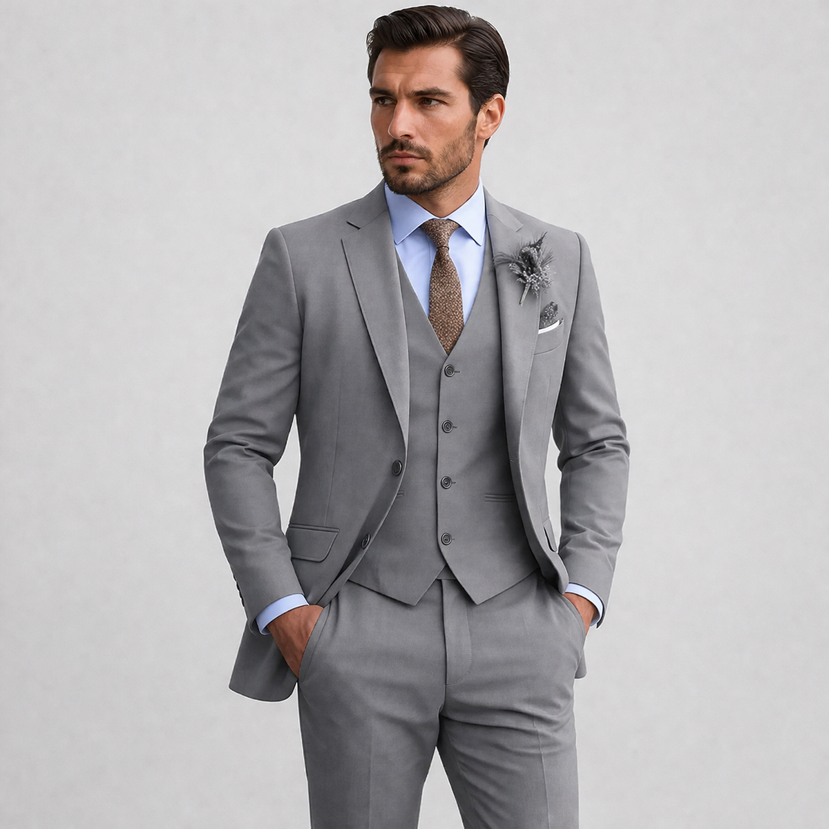 Men's three-piece suit with notch lapels, waistcoat, long sleeves and matching trousers