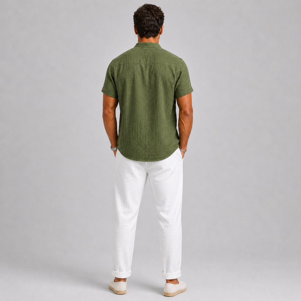 Men's short sleeve band collar shirt with chest pocket