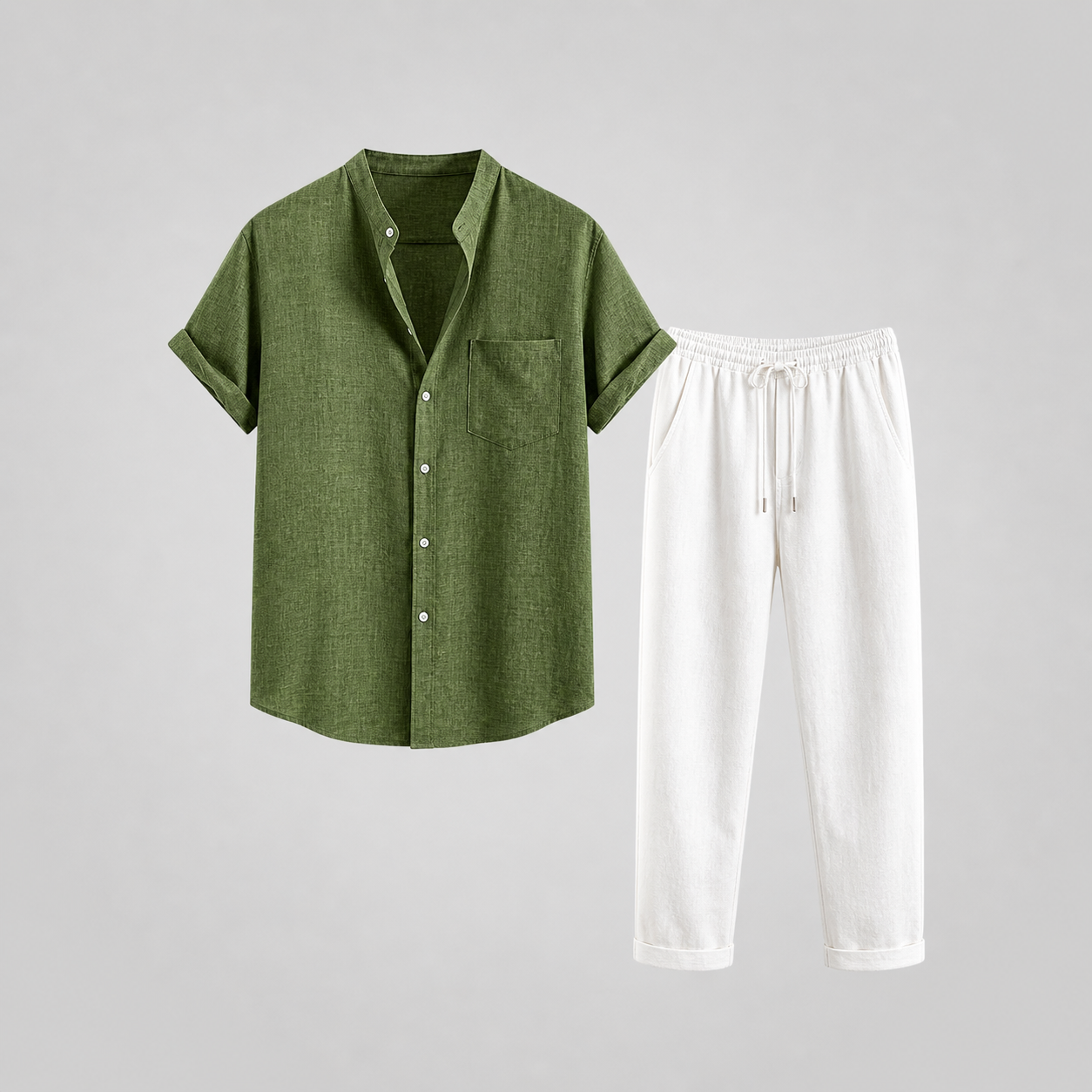 Men's short sleeve band collar shirt with chest pocket