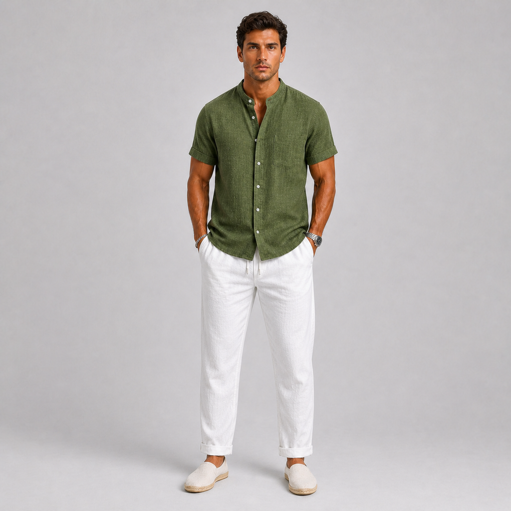 Men's short sleeve band collar shirt with chest pocket