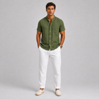 Men's short sleeve band collar shirt with chest pocket