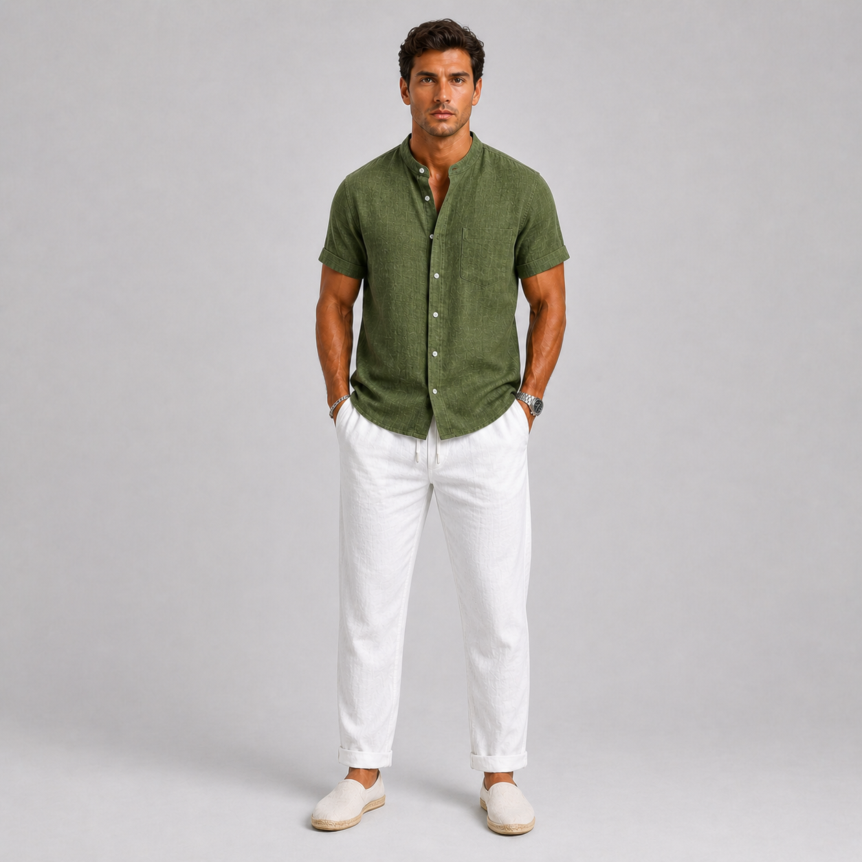 Men's short sleeve band collar shirt with chest pocket