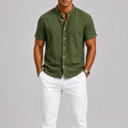Men's short sleeve band collar shirt with chest pocket