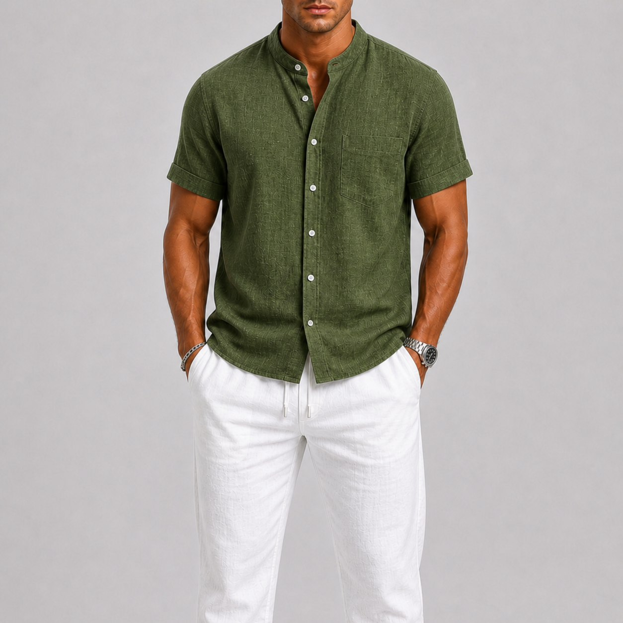 Men's short sleeve band collar shirt with chest pocket