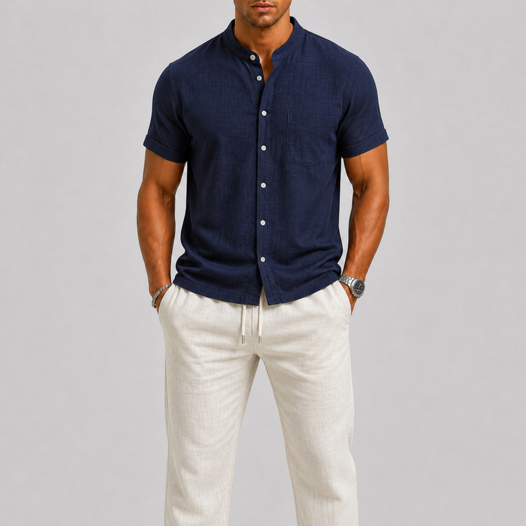Men's short sleeve band collar shirt with chest pocket