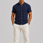 Men's short sleeve band collar shirt with chest pocket