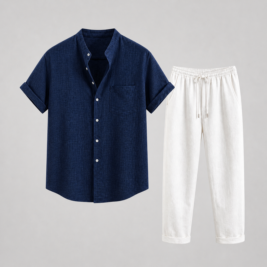 Men's short sleeve band collar shirt with chest pocket