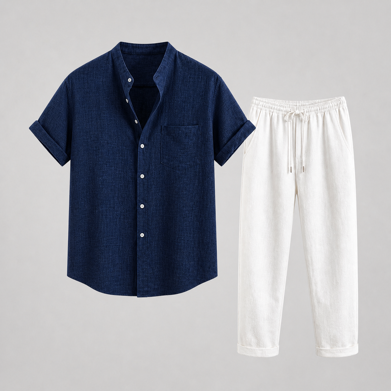 Men's short sleeve band collar shirt with chest pocket