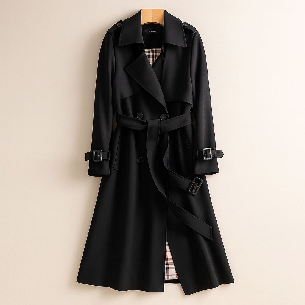 Women's belted double-breasted trench coat with checked lining
