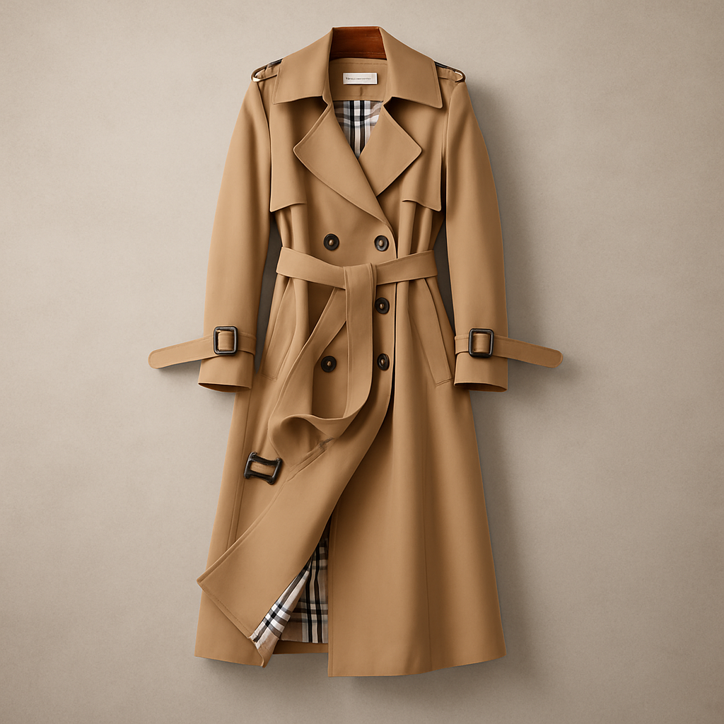 Women's belted double-breasted trench coat with checked lining