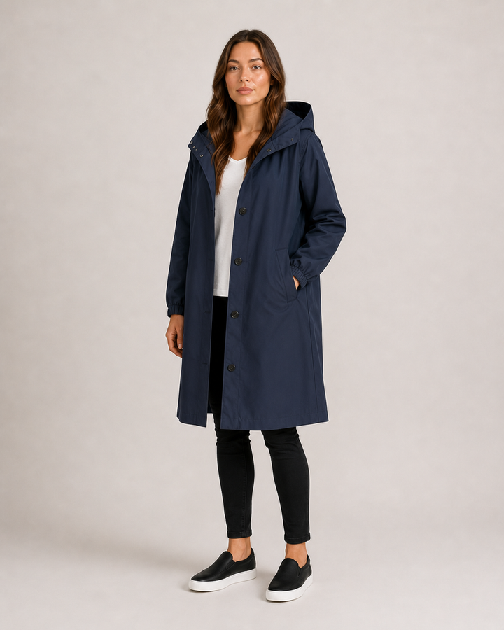 Women's hooded mid-length rain coat with button front and side pockets