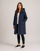 Women's hooded mid-length rain coat with button front and side pockets