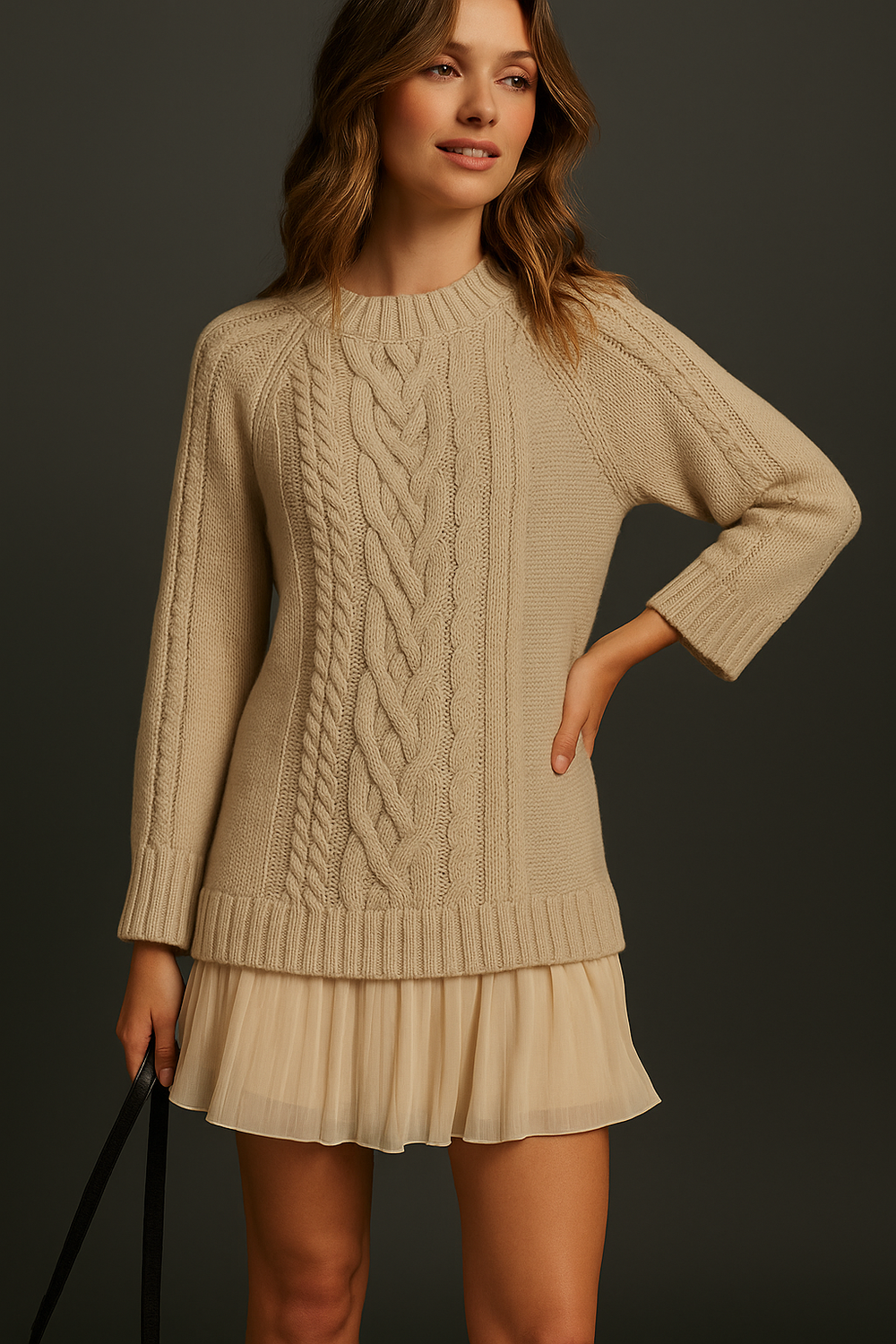 Women's cable knit mini dress with long sleeves and pleated lower skirt