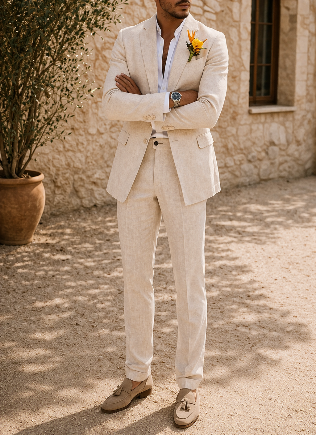 Men's tailored two piece suit with notch lapel and matching trousers