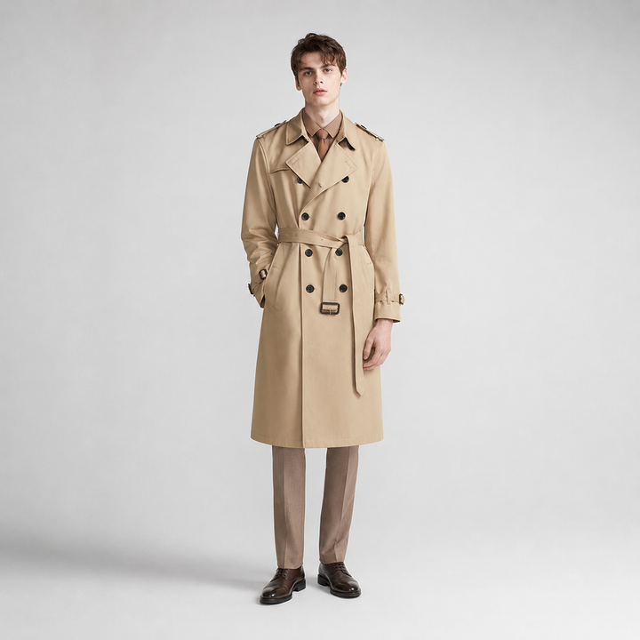 Men's khaki long belted double-breasted trench coat